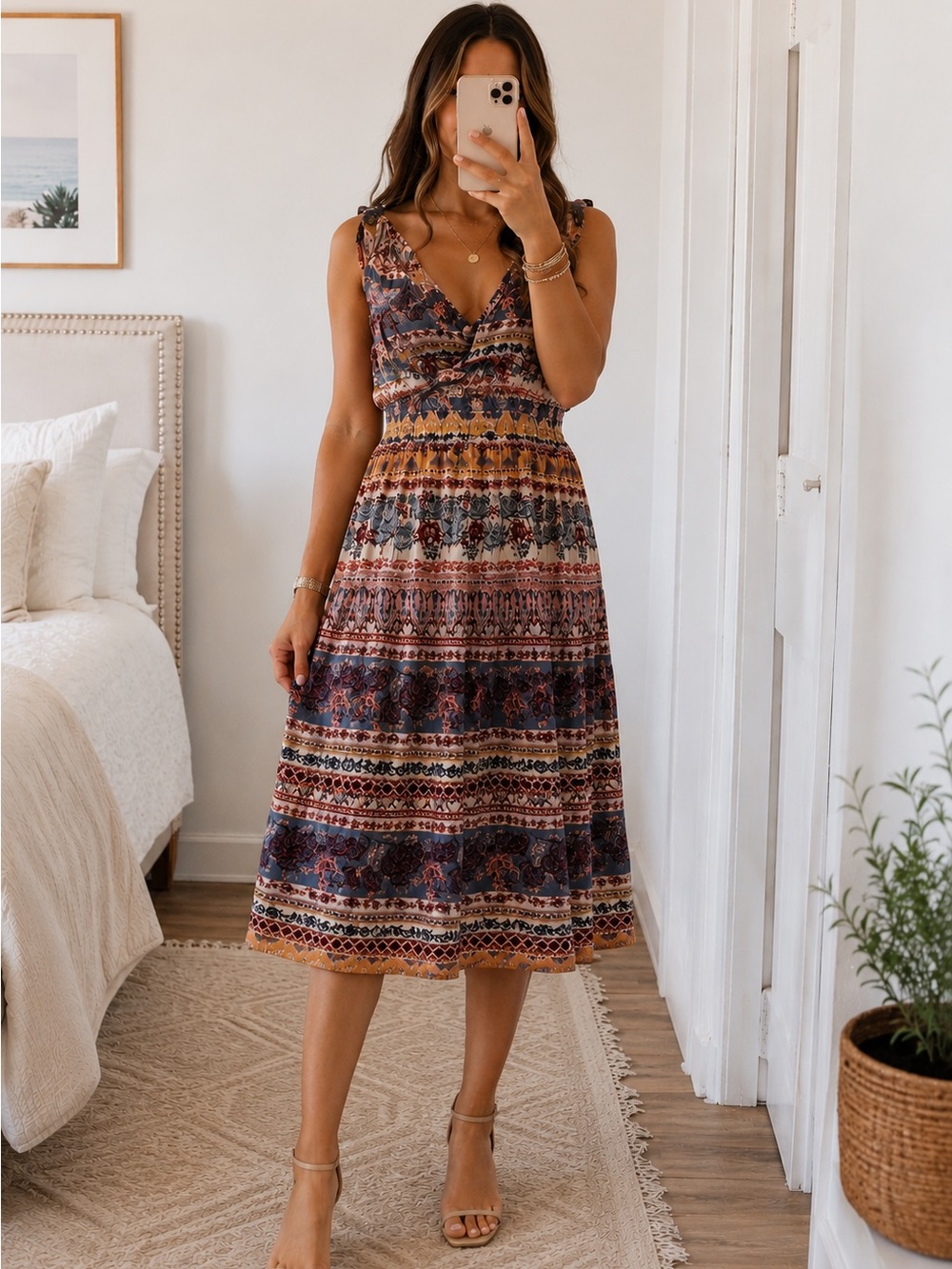 O'Neill Multicolor Floral-Stripe Midi Dress in Blue, Brown, Cream
